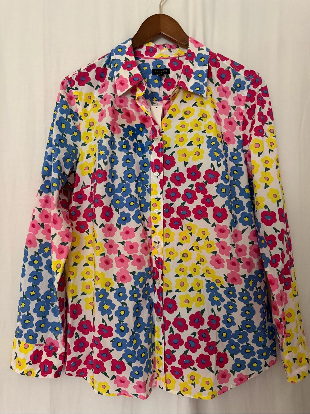 NWT Talbots 100% Cotton Colorful Floral Print Button Down Shirt - Sz L